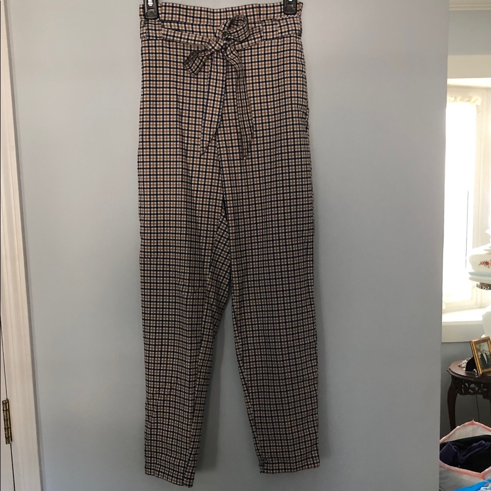 H&M Plaid Straight-Leg Drawstring Pants - Beige & Blue